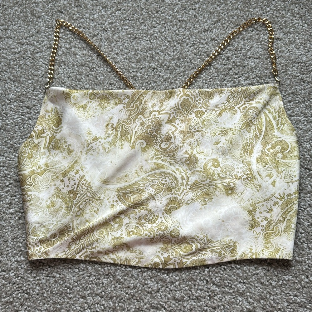 Garage Sage Green silk open back top with gold straps.